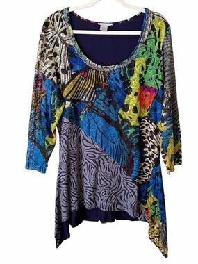 Alberto Makali | Abstract Print Tunic Shirt Top Shark Bite Hem Art to Wear XL